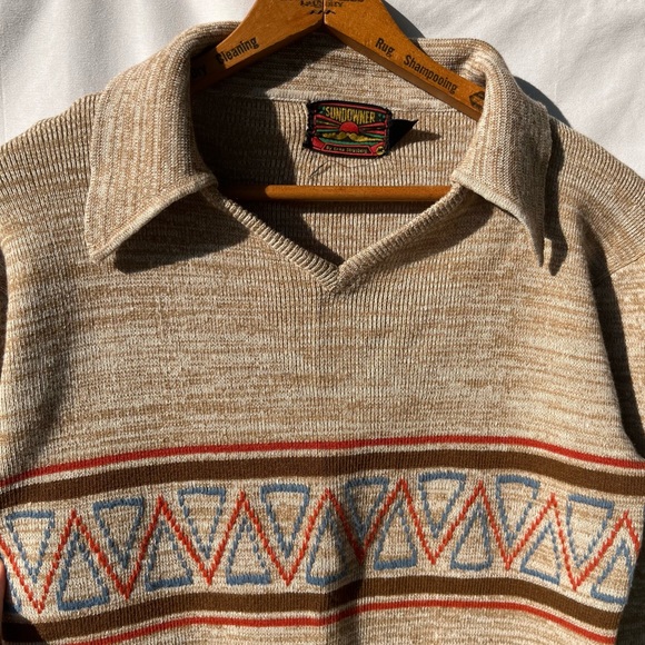 Vintage 70s Knit Space Dye Geometric Collared V-Neck Long Sleeve Brown Sweater - Picture 2 of 10